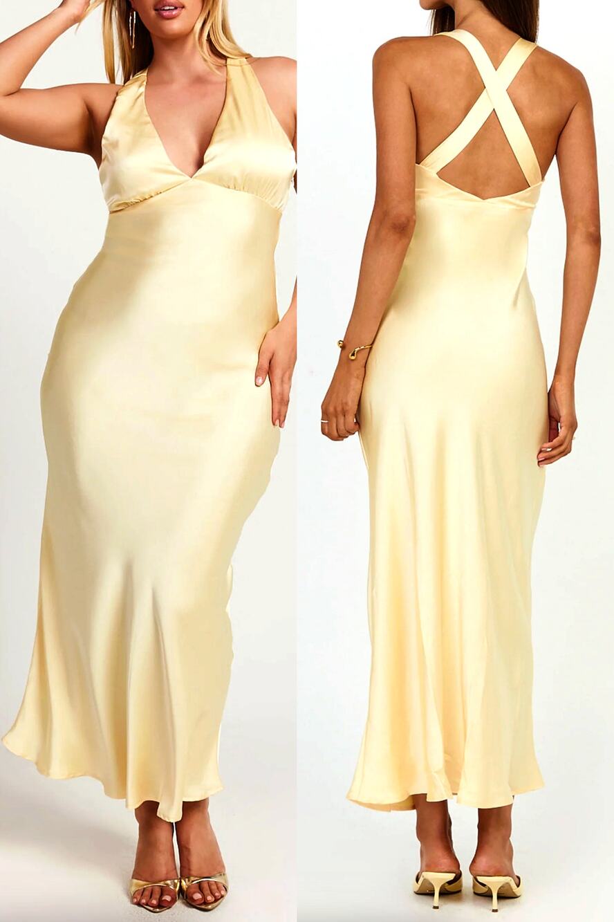Showpo Satin Midi Slip Dress Butter Yellow Size 10 Wedding Guest Formal Cocktail